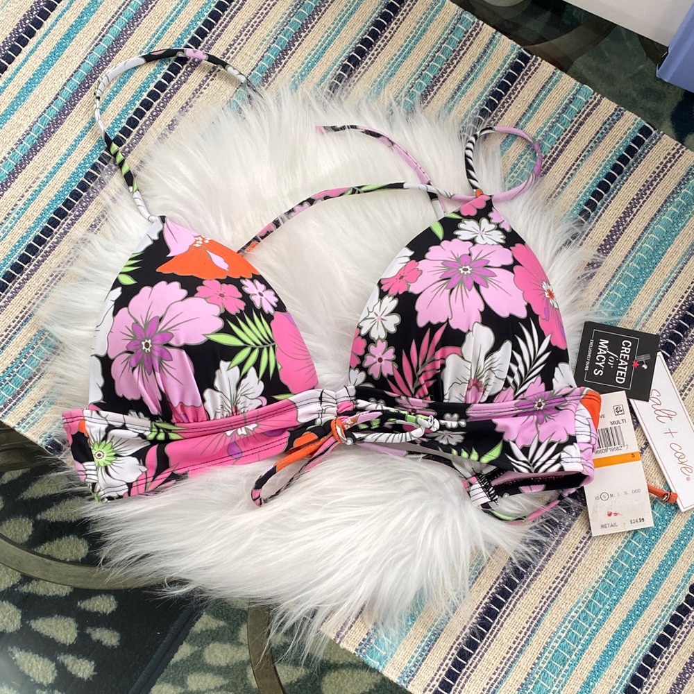 Salt + Cove Floral Bikini Top - Shirred front blk multicolor size small